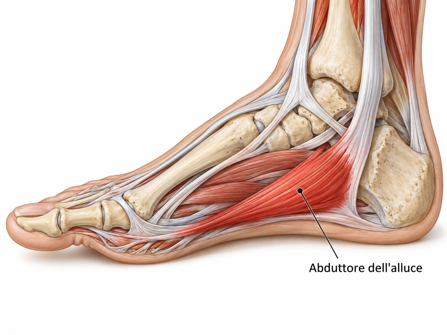 Illustrazione del piede con il muscolo abduttore dell'alluce evidenziato in rosso
