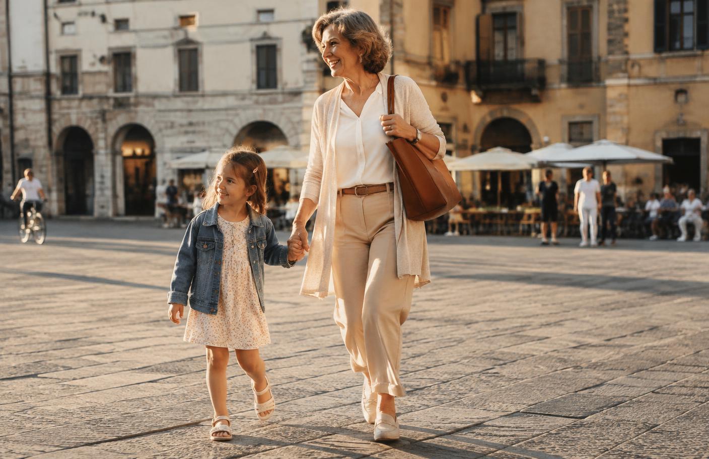Donna sorridente passeggia in piazza mano nella mano con la nipotina
